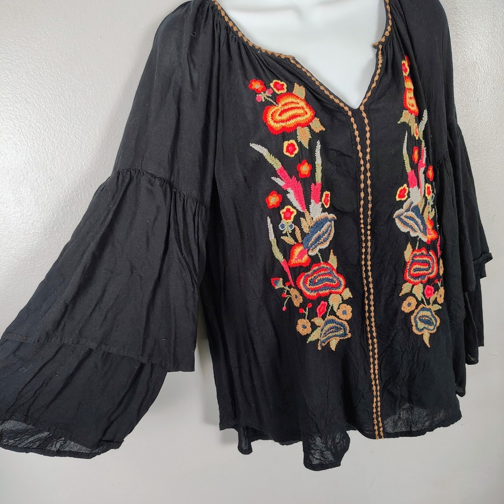 Black Embroidered Peasant Blouse with Floral Detail - Picture 2 of 8